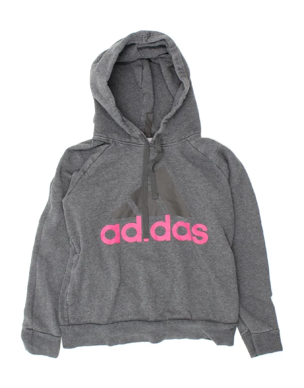 men's zip-up hoodies -ADIDAS Girls Graphic Hoodie Jumper 12-13 Years Medium  Grey Cotton