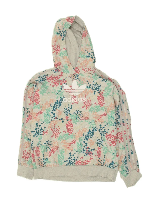 men's hoodie for gym -ADIDAS Girls Graphic Hoodie Jumper 13-14 Years Grey Floral Cotton