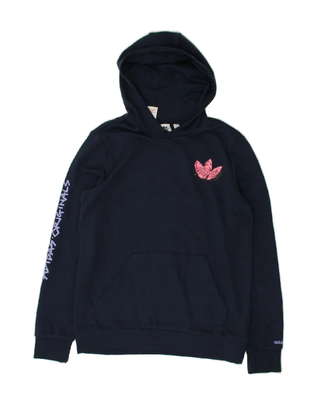 men's hoodies for casual wear -ADIDAS Girls Graphic Hoodie Jumper 14-15 Years Navy Blue Cotton