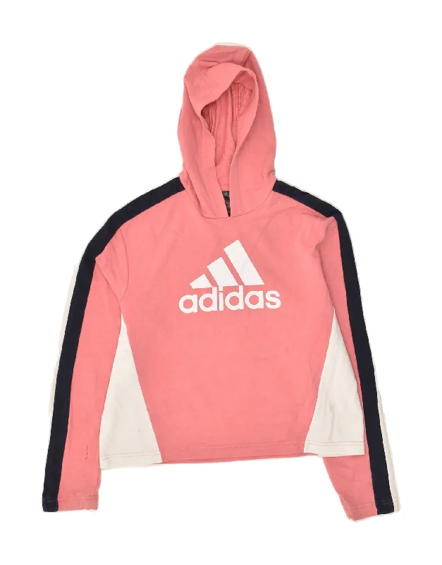 men's printed pullover hoodies -ADIDAS Girls Graphic Hoodie Jumper 14-15 Years Pink Colourblock Cotton