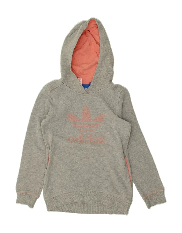 men's athletic sweatshirts -ADIDAS Girls Graphic Hoodie Jumper 9-10 Years Grey Cotton