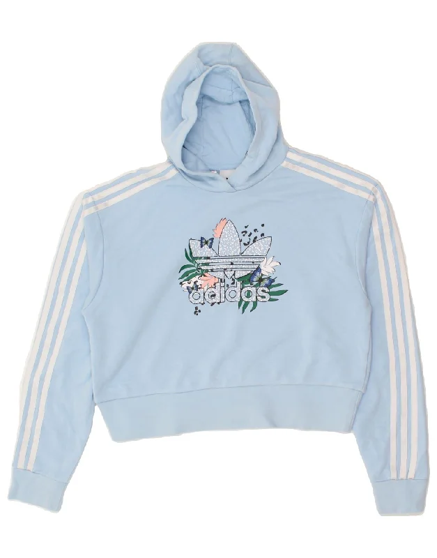 men's performance hoodies -ADIDAS Girls Oversized Crop Graphic Hoodie Jumper 13-14 Years Blue Cotton