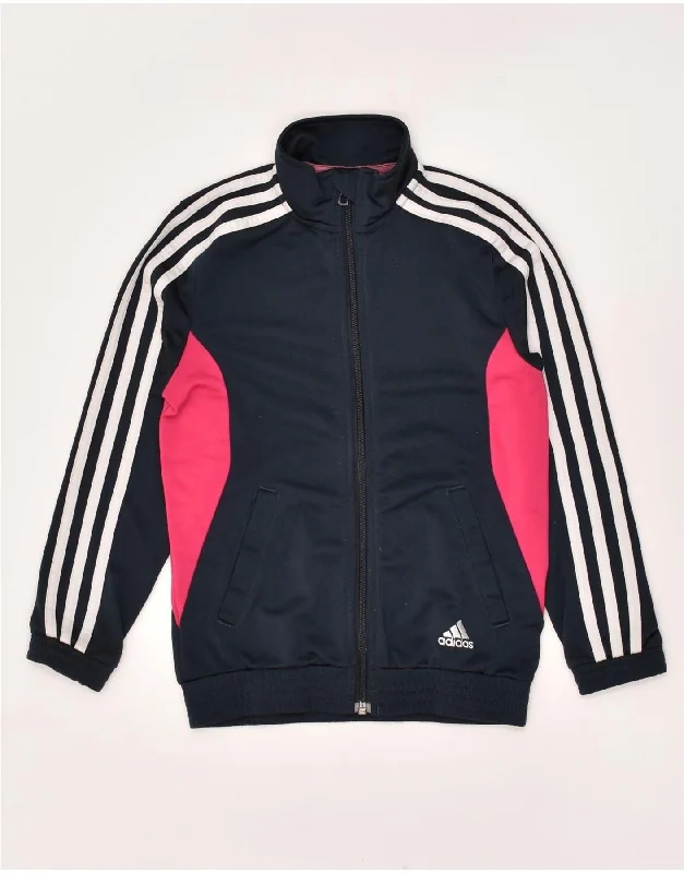 men's insulated rain jackets -ADIDAS Girls Tracksuit Top Jacket 7-8 Years Navy Blue Colourblock