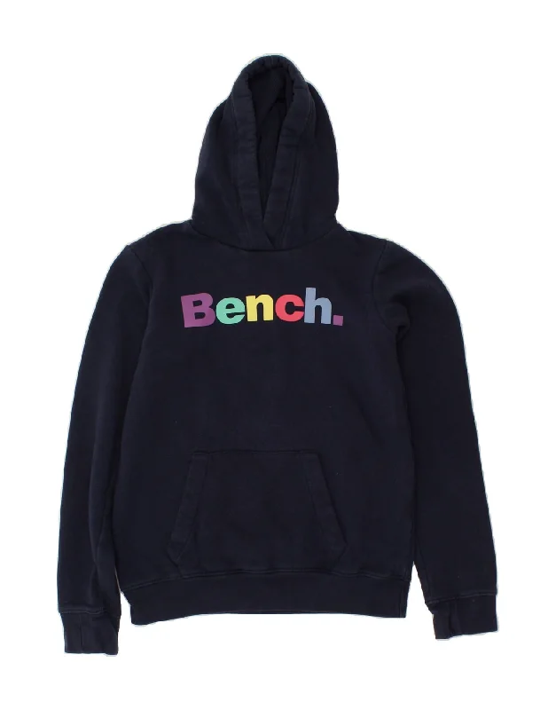 men's hoodie sweatshirt with graphics -BENCH Boys Graphic Hoodie Jumper 13-14 Years Navy Blue Cotton