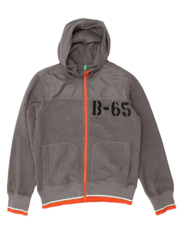 men's stylish outdoor jackets -BENETTON Boys Graphic Hooded Fleece Jacket 13-14 Years Grey Polyester