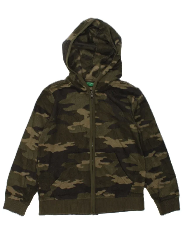 men's puffer jackets -BENETTON Boys Hooded Fleece Jacket 6-7 Years Khaki Camouflage Polyester