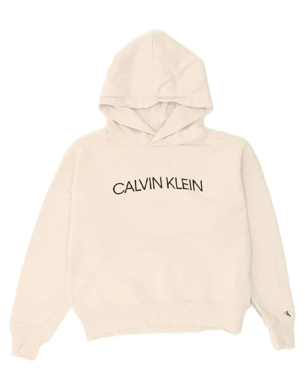 men's plain hoodies -CALVIN KLEIN Girls Graphic Hoodie Jumper 11-12 Years Beige Cotton