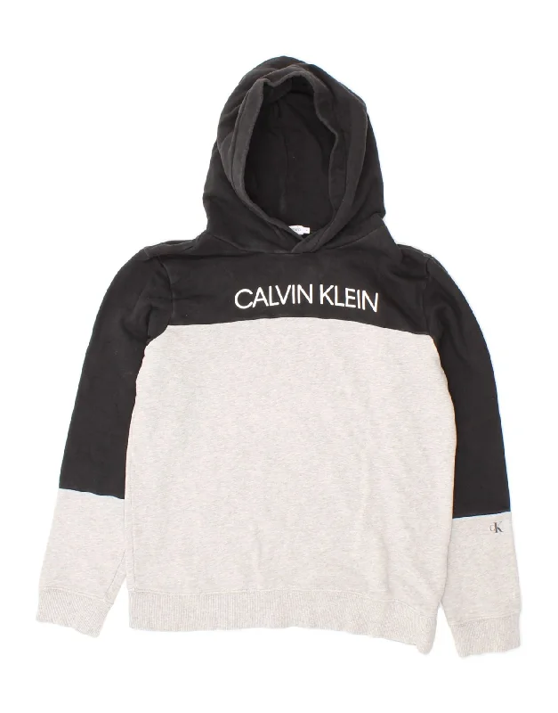 men's pullover hoodies -CALVIN KLEIN JEANS Boys Graphic Hoodie Jumper 13-14 Years Grey Colourblock