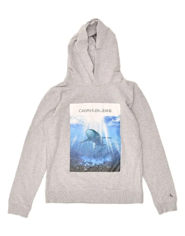 men's athletic zip-up sweatshirts -CALVIN KLEIN JEANS Boys Graphic Hoodie Jumper 13-14 Years Grey Cotton