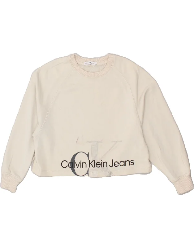 men's hoodies with bold prints -CALVIN KLEIN JEANS Girls Graphic Hoodie Jumper 11-12 Years Beige Cotton