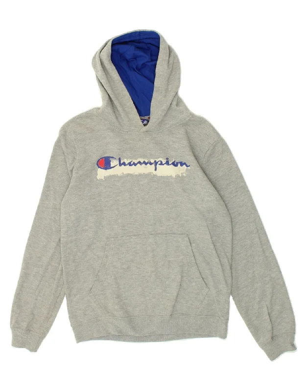 men's hoodie with drawstrings -CHAMPION Boys Authentic Graphic Hoodie Jumper 13-14 Years XL Grey Cotton