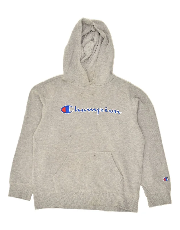 men's zip-up sweatshirts -CHAMPION Boys Graphic Hoodie Jumper 10-11 Years Medium Grey Cotton