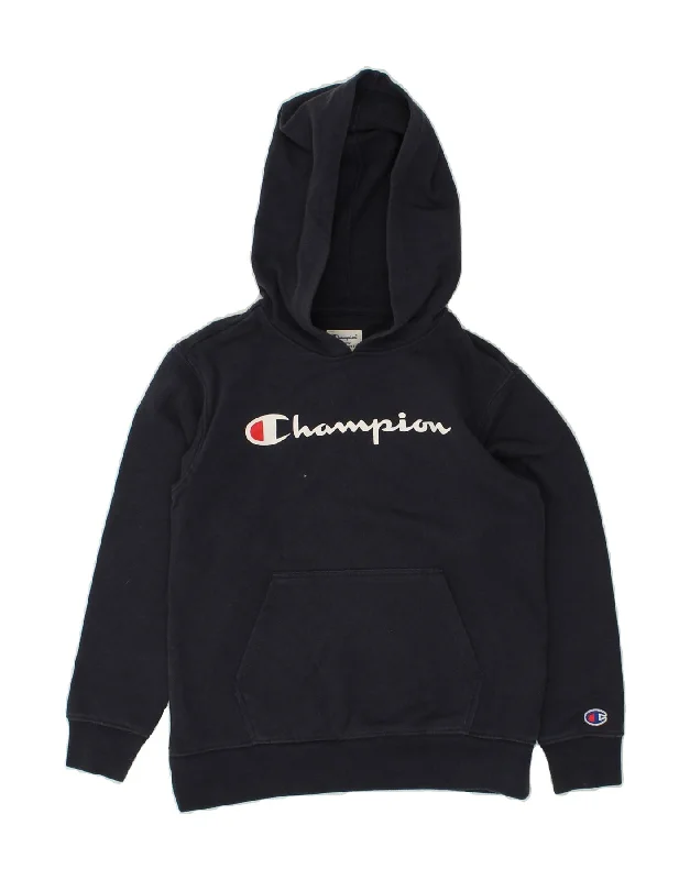 men's workout hoodies -CHAMPION Boys Graphic Hoodie Jumper 10-11 Years Medium Navy Blue Cotton