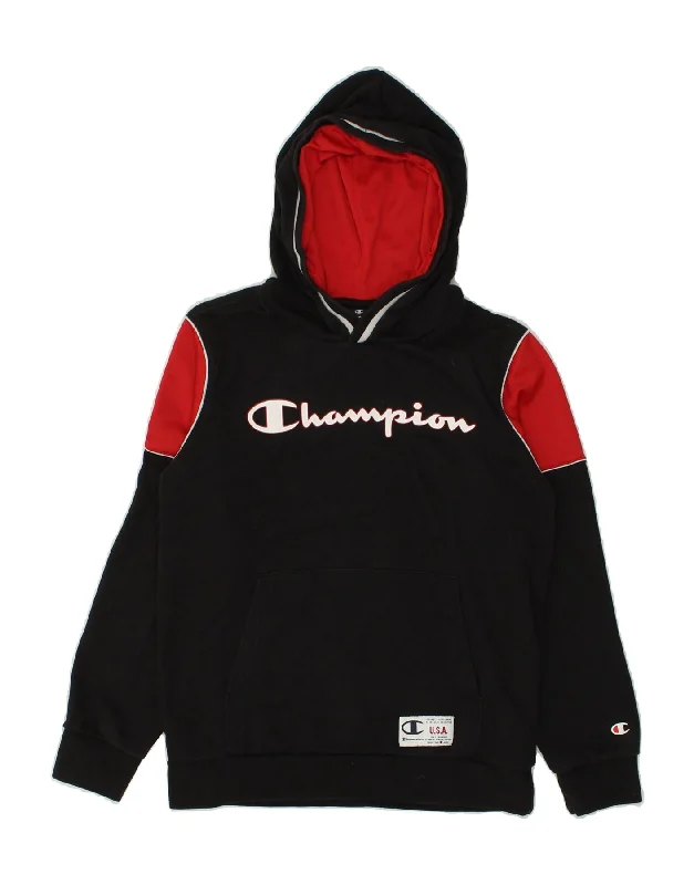 men's hoodies for casual wear -CHAMPION Boys Graphic Hoodie Jumper 11-12 Years Black Colourblock Cotton