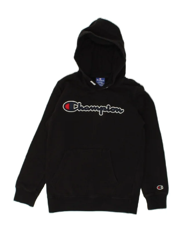 men's hoodie with drawstrings -CHAMPION Boys Graphic Hoodie Jumper 11-12 Years Large Black