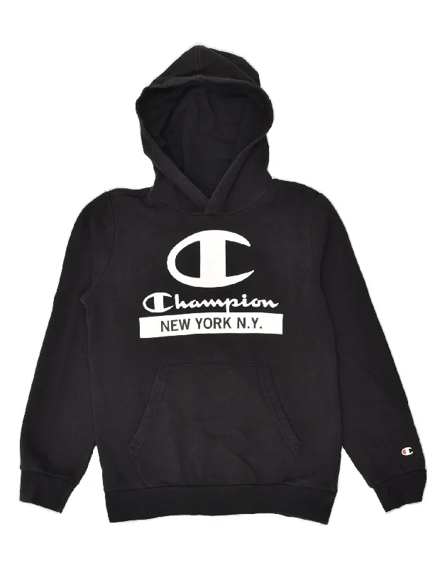 men's relaxed fit sweatshirts -CHAMPION Boys Graphic Hoodie Jumper 11-12 Years Large Black Cotton