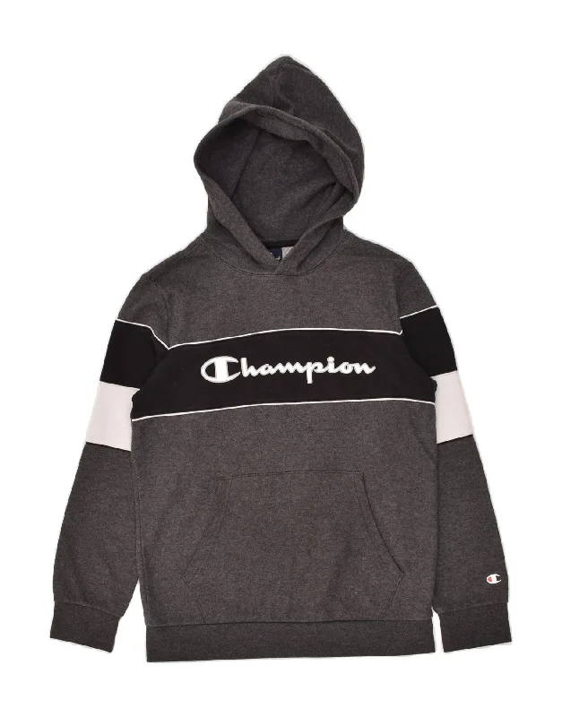 men's casual fleece hoodies -CHAMPION Boys Graphic Hoodie Jumper 11-12 Years Large  Grey Colourblock