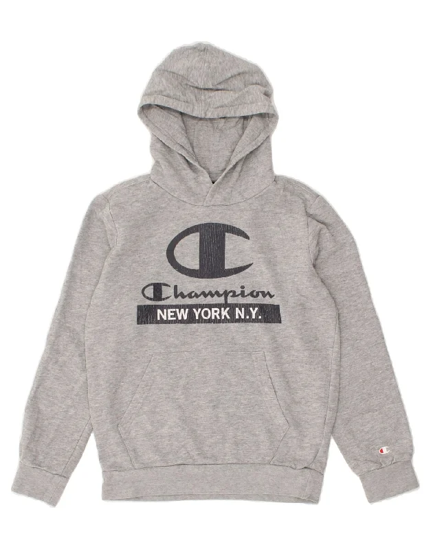 men's relaxed fit sweatshirts -CHAMPION Boys Graphic Hoodie Jumper 11-12 Years Large Grey Cotton