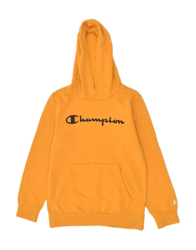 men's hoodie jackets -CHAMPION Boys Graphic Hoodie Jumper 11-12 Years Large Yellow Cotton