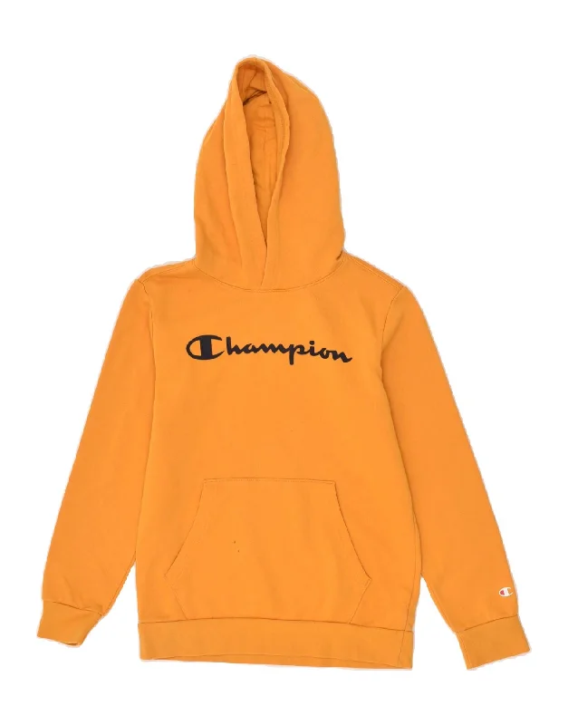 men's fashion sweatshirts -CHAMPION Boys Graphic Hoodie Jumper 11-12 Years Large Yellow Cotton