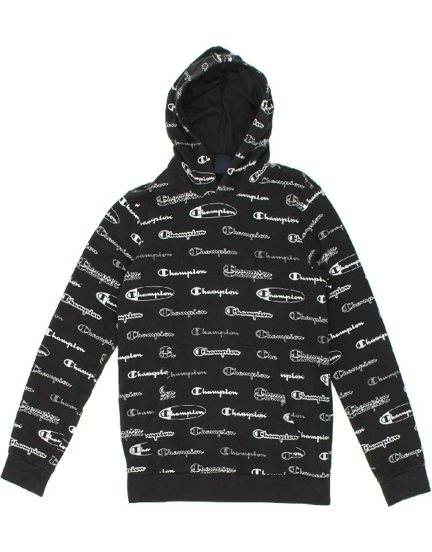 stylish men's sweatshirts -CHAMPION Boys Graphic Hoodie Jumper 13-14 Years XL Black Cotton