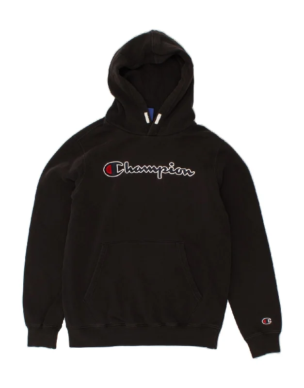 men's basic sweatshirts -CHAMPION Boys Graphic Hoodie Jumper 13-14 Years XL Black Cotton