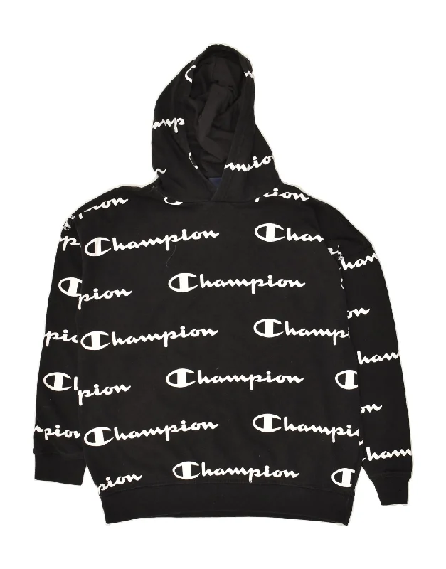 men's zip-up hoodies -CHAMPION Boys Graphic Hoodie Jumper 13-14 Years XL Black Cotton