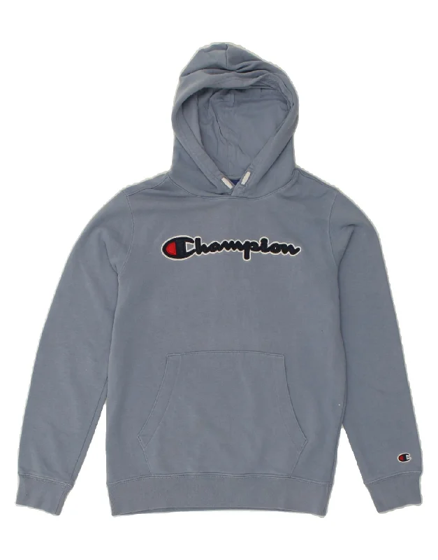 men's zip hoodie with contrast sleeves -CHAMPION Boys Graphic Hoodie Jumper 13-14 Years XL Blue Cotton