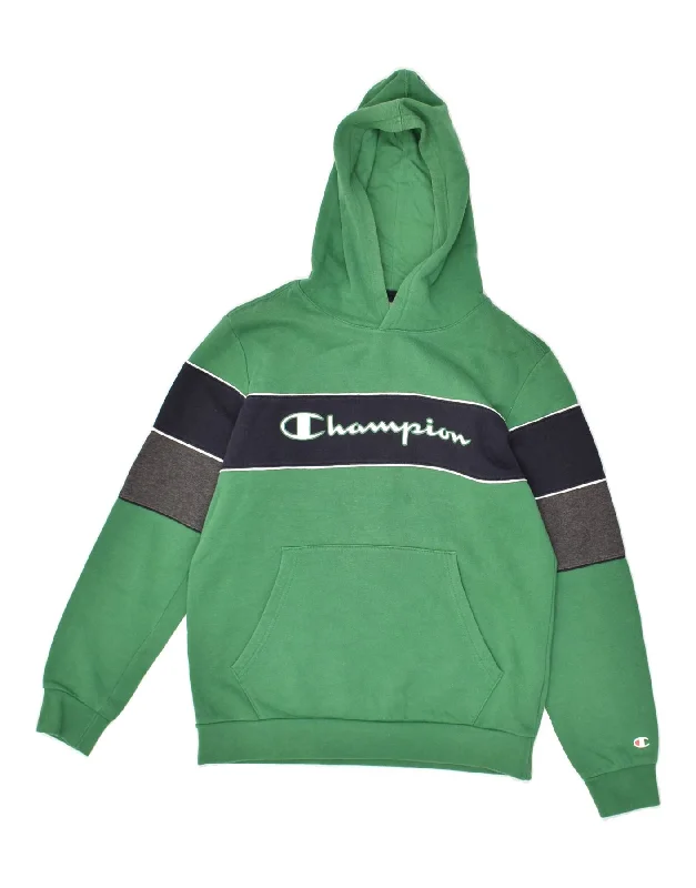 men's basic sweatshirts -CHAMPION Boys Graphic Hoodie Jumper 13-14 Years XL  Green Colourblock