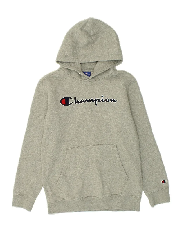 men's long sleeve hoodies -CHAMPION Boys Graphic Hoodie Jumper 13-14 Years XL Grey