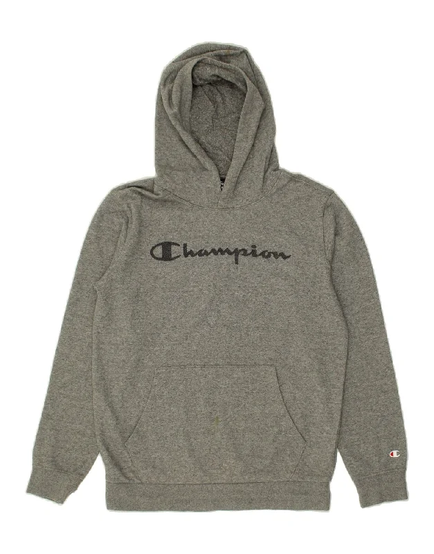 men's casual sweatshirts -CHAMPION Boys Graphic Hoodie Jumper 13-14 Years XL Grey Cotton