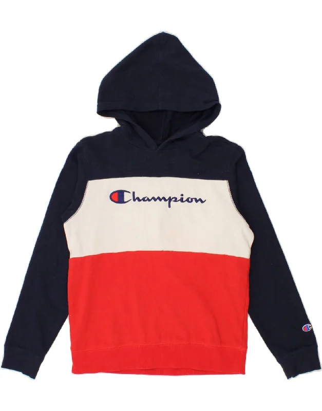 men's hoodie sweatshirt with graphics -CHAMPION Boys Graphic Hoodie Jumper 13-14 Years XL Navy Blue Colourblock