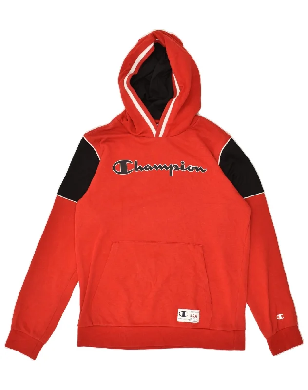 men's cotton blend hoodies -CHAMPION Boys Graphic Hoodie Jumper 13-14 Years XL Red Colourblock Cotton