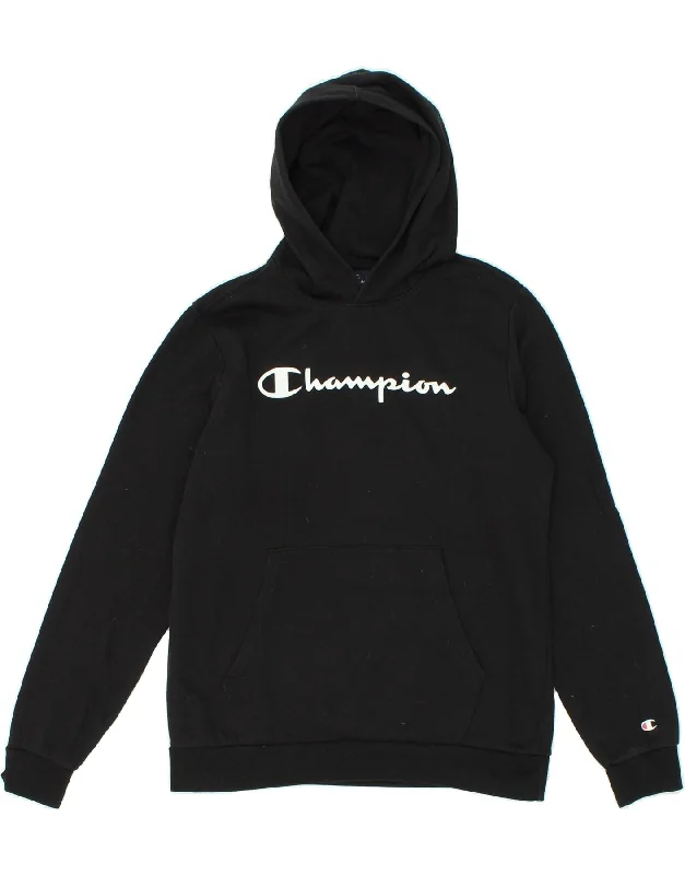 men's zip hoodie with high collar -CHAMPION Boys Graphic Hoodie Jumper 15-16 Years 2XL  Black