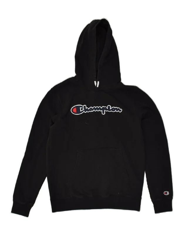 trendy zip-up sweatshirts for men -CHAMPION Boys Graphic Hoodie Jumper 15-16 Years 2XL Black Cotton