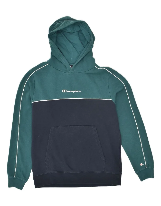 men's sweatshirts with designs -CHAMPION Boys Graphic Hoodie Jumper 15-16 Years 2XL Green Colourblock