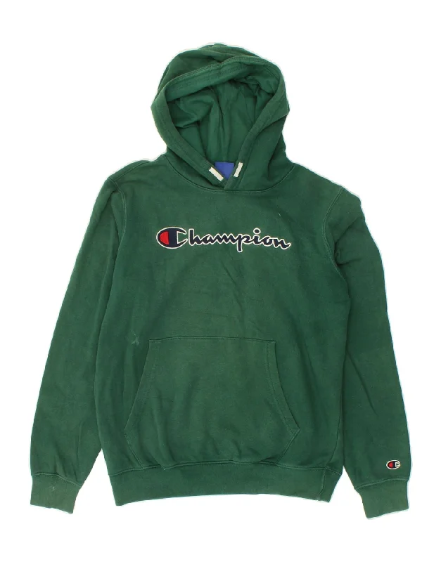 men's athletic zip-up sweatshirts -CHAMPION Boys Graphic Hoodie Jumper 15-16 Years 2XL Green Cotton