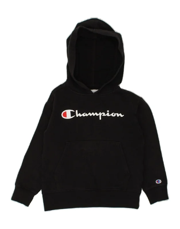 men's stylish zip-up hoodies -CHAMPION Boys Graphic Hoodie Jumper 5-6 Years XS Black Cotton