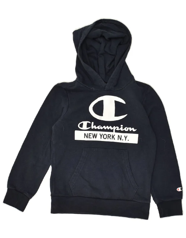 men's fleece hoodies -CHAMPION Boys Graphic Hoodie Jumper 7-8 Years Small Navy Blue Cotton