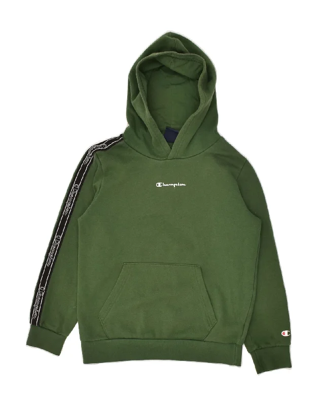 men's solid color sweatshirts -CHAMPION Boys Graphic Hoodie Jumper 9-10 Years Medium Green Cotton