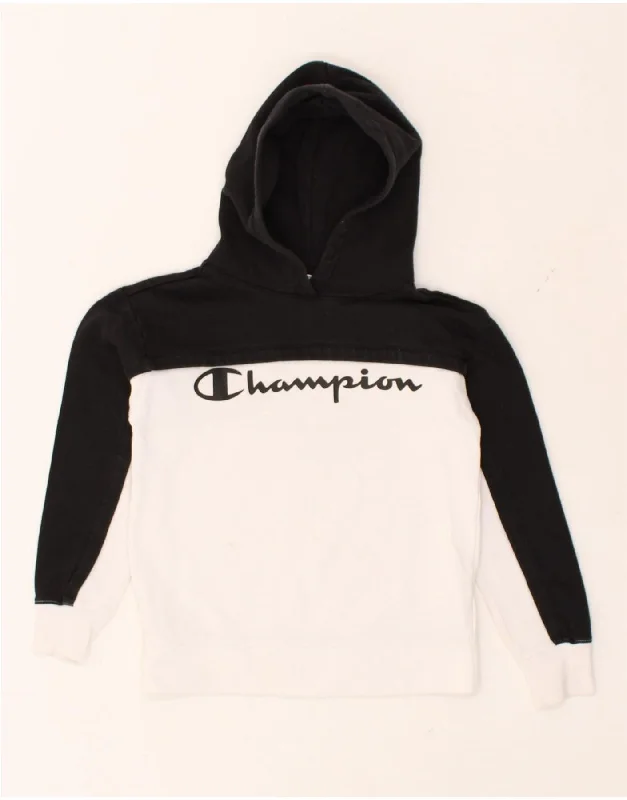 men's basic sweatshirts -CHAMPION Boys Graphic Hoodie Jumper 9-10 Years Medium White Colourblock