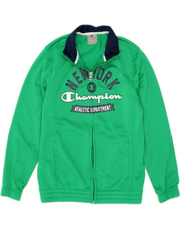 men's high-performance jackets -CHAMPION Boys Graphic Tracksuit Top Jacket 9-10 Years Medium Green