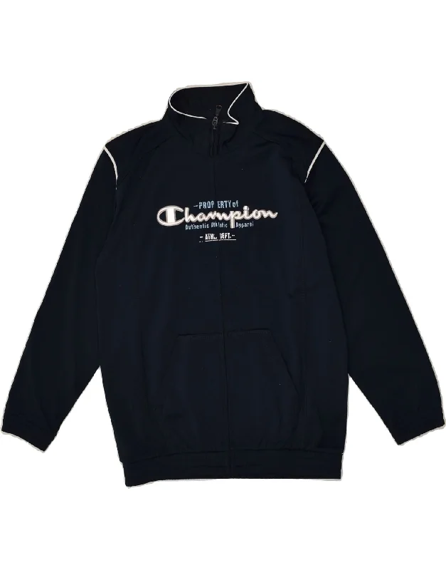 men's packable jackets -CHAMPION Boys Graphic Tracksuit Top Jacket 9-10 Years Medium Navy Blue