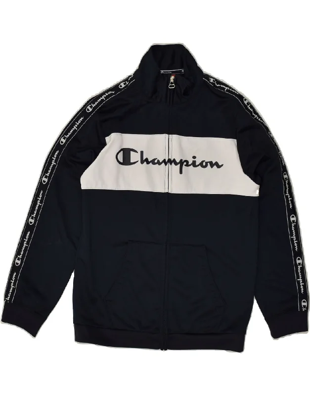 men's running jackets -CHAMPION Boys Graphic Tracksuit Top Jacket 9-10 Years Medium Navy Blue