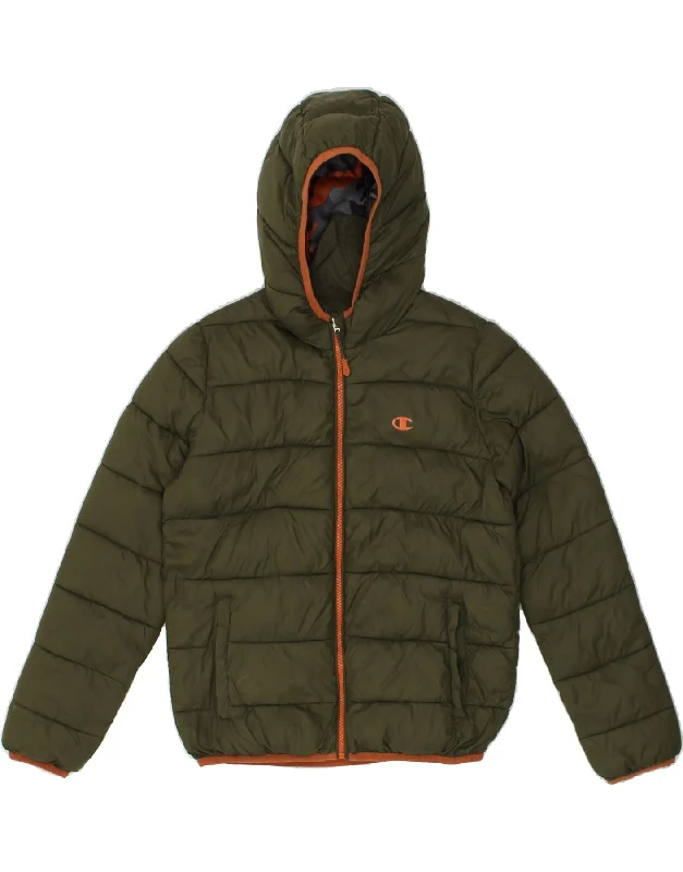 men's heavy-duty coats -CHAMPION Boys Hooded Padded Jacket 11-12 Years Large Khaki