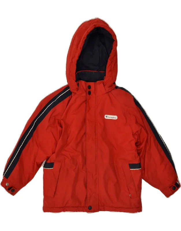 men's long trench jackets -CHAMPION Boys Hooded Padded Jacket 5-6 Years XS Red Colourblock Polyester