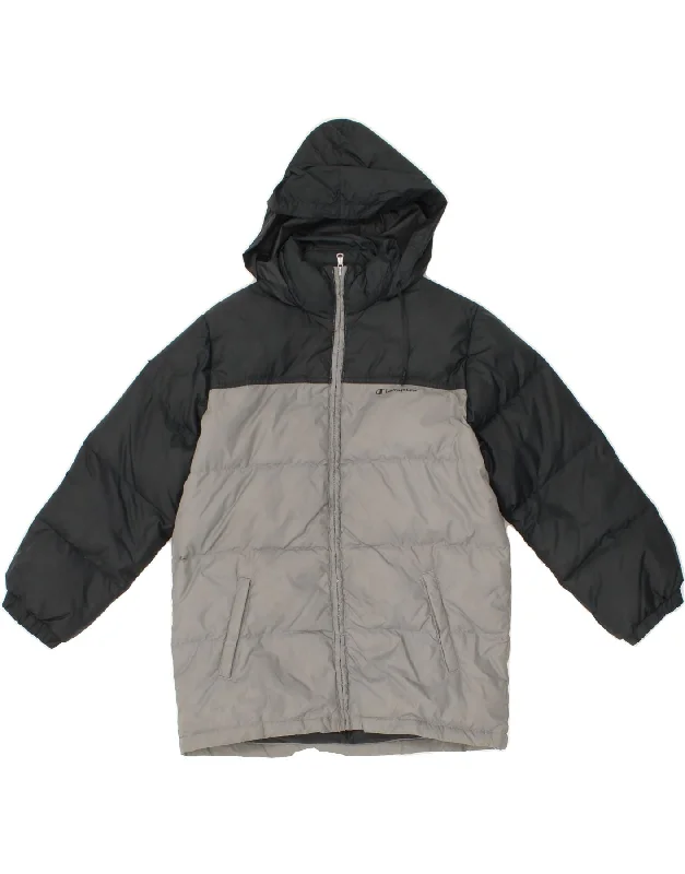 men's windbreakers -CHAMPION Boys Hooded Padded Jacket 9-10 Years Grey Colourblock