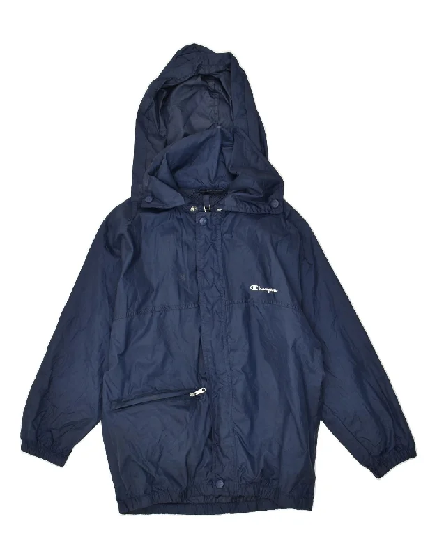 men's sporty jackets -CHAMPION Boys Hooded Rain Jacket 7-8 Years Small Navy Blue Polyamide