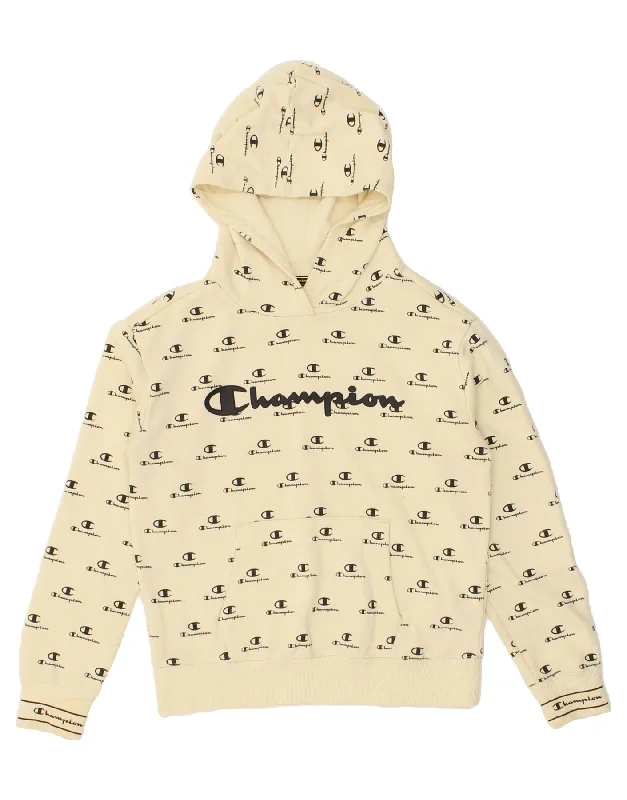 men's hoodie for weekend wear -CHAMPION Girls Graphic Hoodie Jumper 11-12 Years Large Beige Cotton