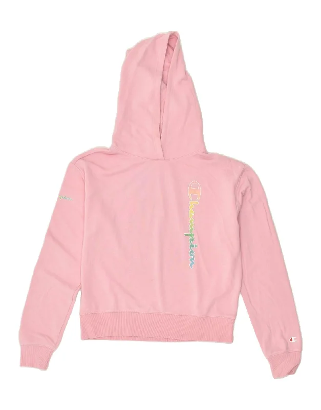 men's pullover sweatshirts -CHAMPION Girls Graphic Hoodie Jumper 13-14 Years XL Pink